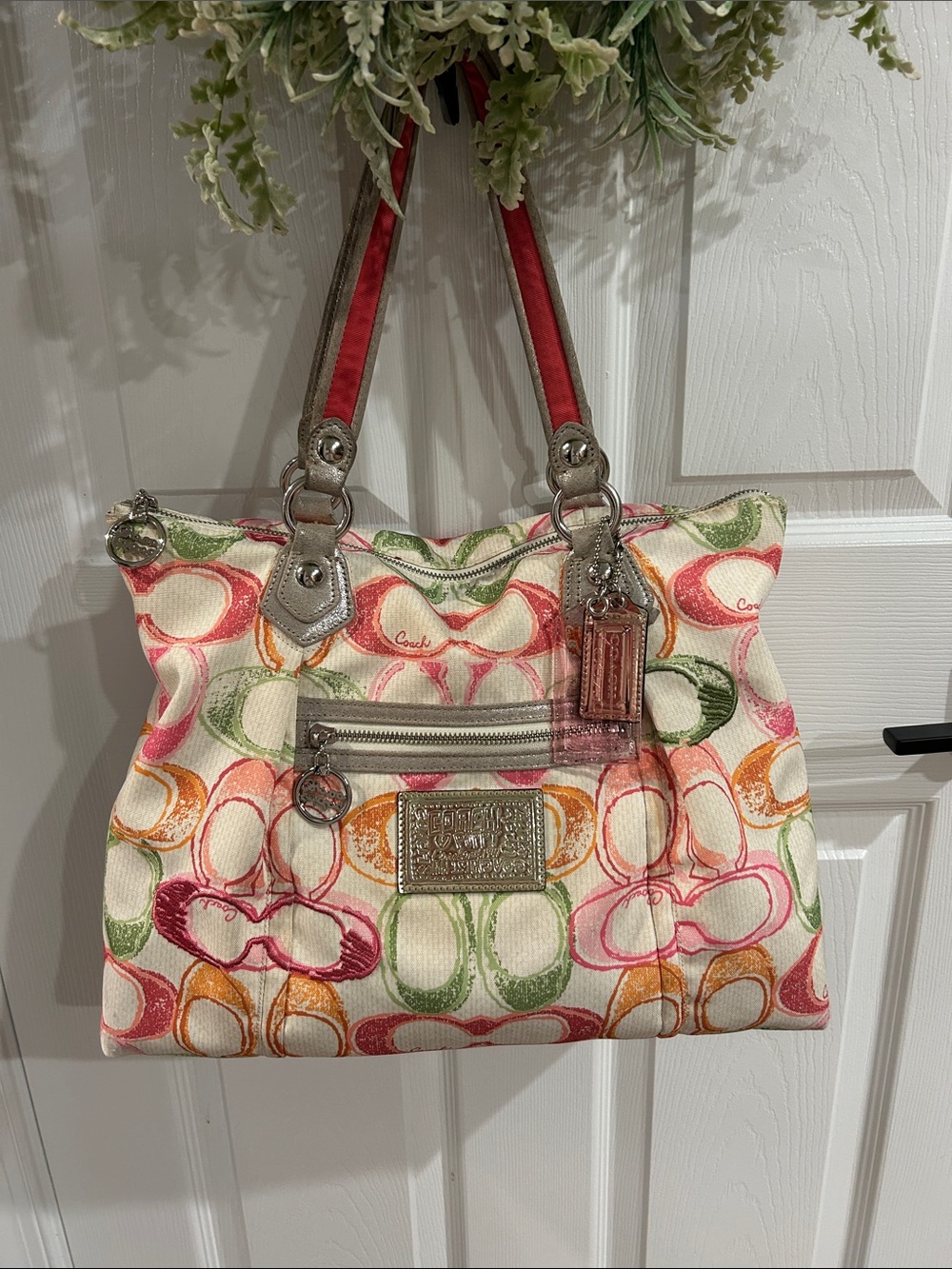 Coach Multicolor Signature Canvas Shoulder Tote in Pink, Green & Orange